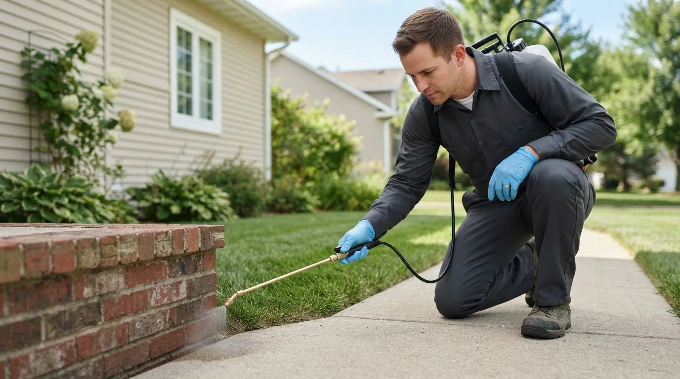 Pest control technician treating a home near Dunseith, ND